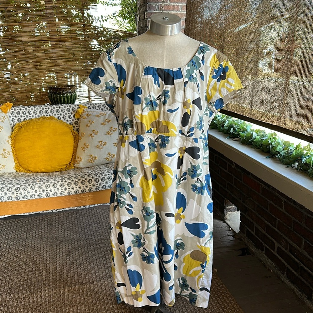 Boden yellow/blue/white cotton floral scoop neck/cap sleeve cotton dress. S 18 L